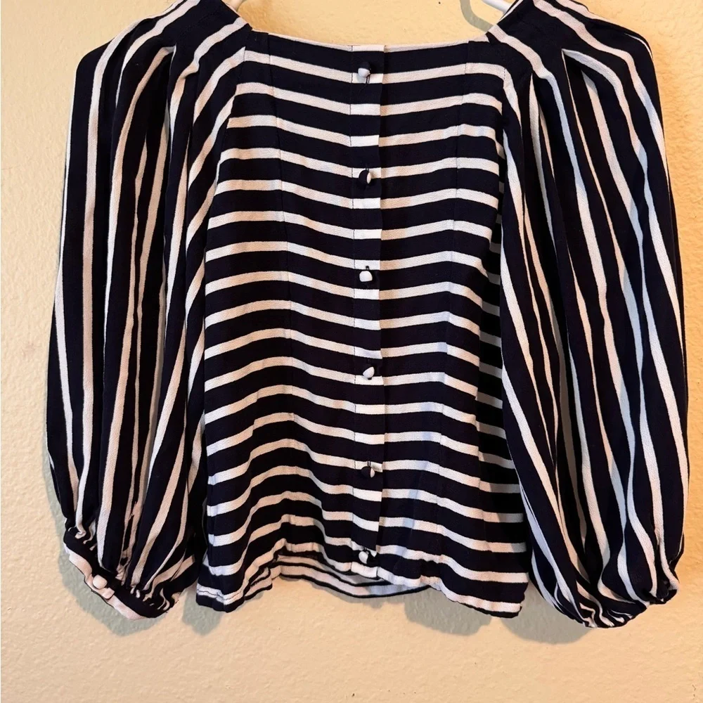 Banana Republic Puff Sleeve Striped Blouse XS Navy White Square Neck